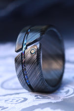 Hybrid - Niobium / Zirconium damascus - timascus aqua diamond ring, wedding band