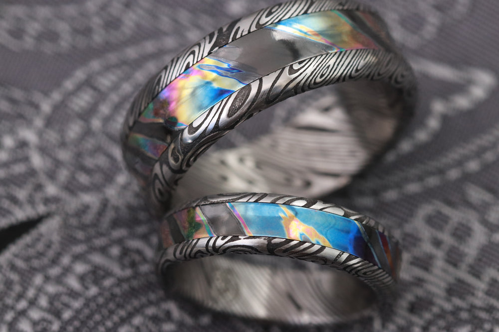 His and Her's set x2 rings timascus titanium zirconium and damasteel band dragon roll concave