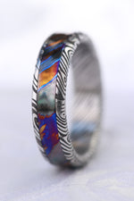 Womems 5mm timascus titanium zirconium and damasteel band dragon roll concave