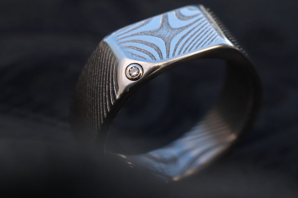 Diamond Signet ring - damasteel wave pattern, 14k vs1 diamond stainless damascus wedding band