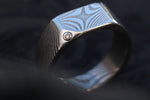 Diamond Signet ring - damasteel wave pattern, 14k vs1 diamond stainless damascus wedding band
