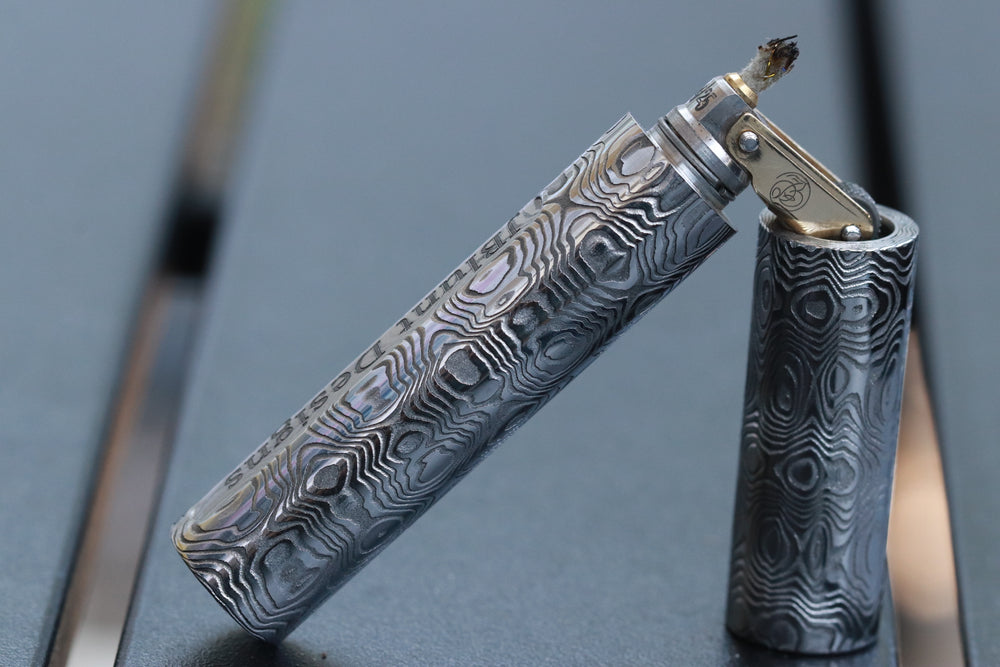 Wind proof trench lighter fluid filled damasteel damascus lighter