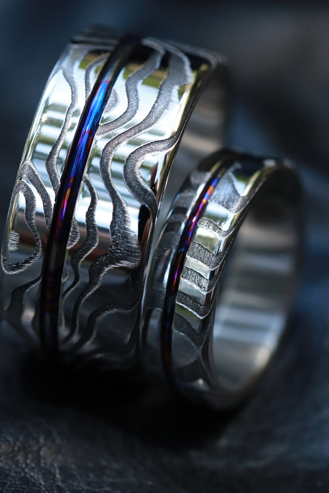 His & Her damascus ring set, Timascus damasteel rings