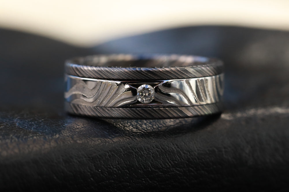 Diamond ring Damascus nbzr 7-8mm Lucia damasteel niobium zirconium
