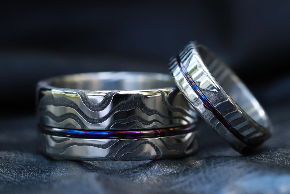 His & Her damascus ring set, Timascus damasteel rings