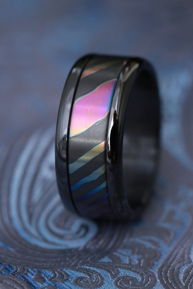 Black titanium and timascus titanium zirconium ring Pink