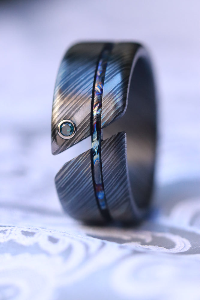 Hybrid - Niobium / Zirconium damascus - timascus aqua diamond ring, wedding band
