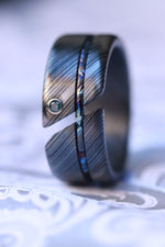 Hybrid - Niobium / Zirconium damascus - timascus aqua diamond ring, wedding band