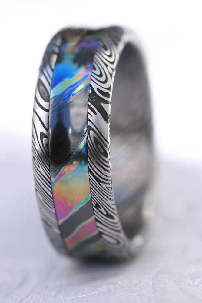 8mm timascus titanium zirconium and damasteel band dragon roll concave