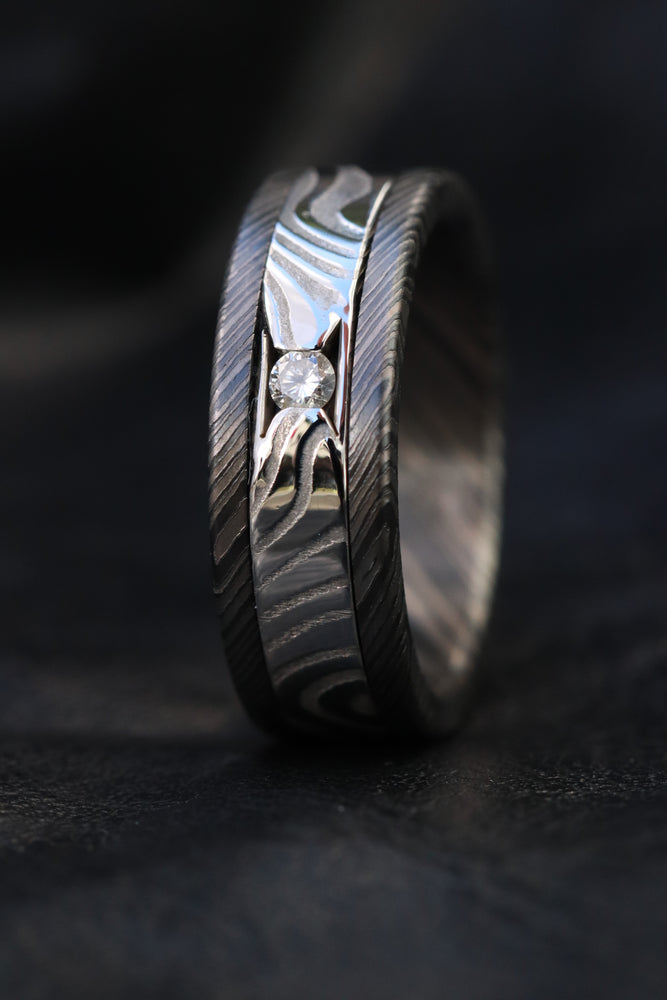 Diamond ring Damascus nbzr 7-8mm Lucia damasteel niobium zirconium