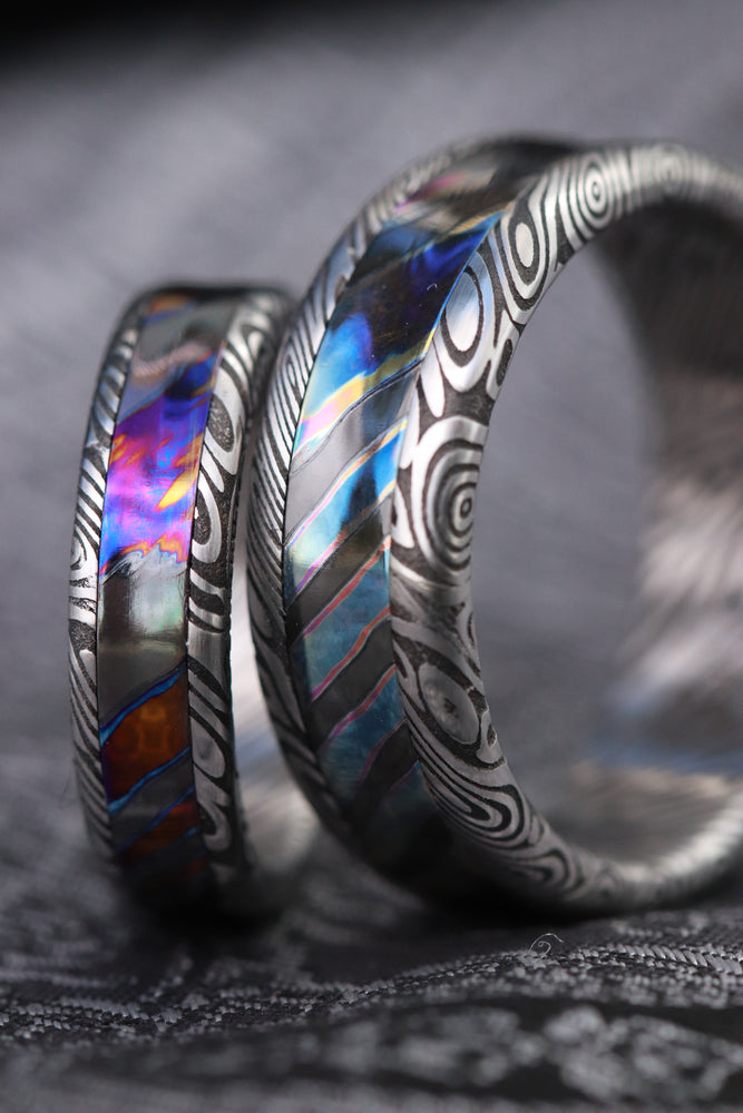 Womems 5mm timascus titanium zirconium and damasteel band dragon roll concave