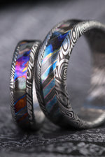 Womems 5mm timascus titanium zirconium and damasteel band dragon roll concave
