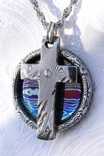 White sapphire and Timascus pendant, damasteel cross necklace pendant
