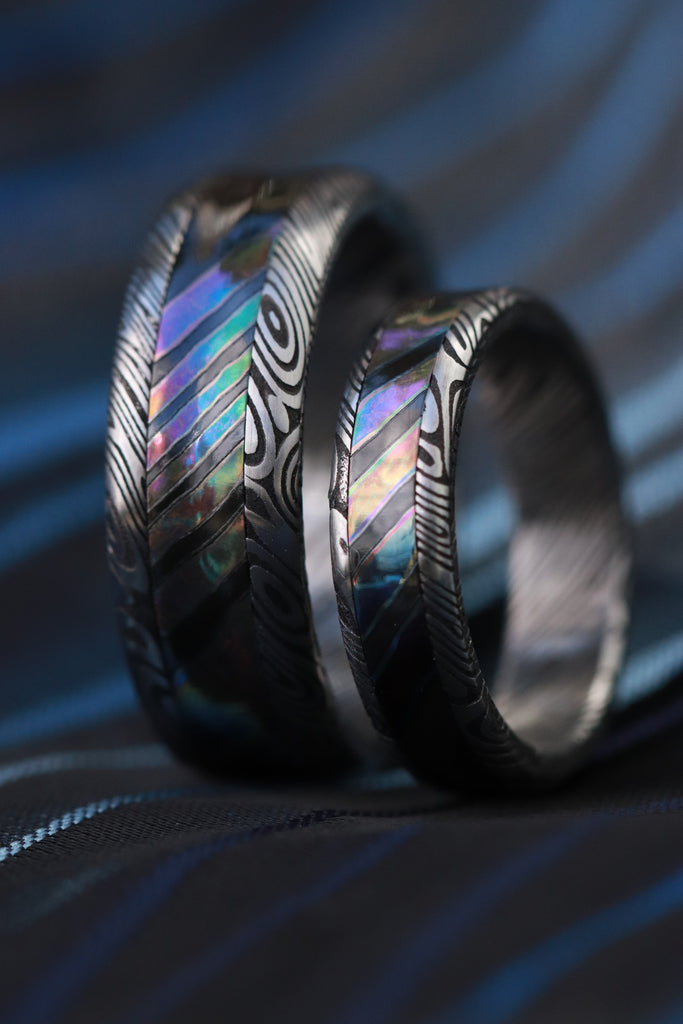 His and Her's set timascus titanium zirconium and damasteel band drago ...