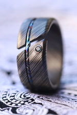 Hybrid - Niobium / Zirconium damascus - timascus aqua diamond ring, wedding band