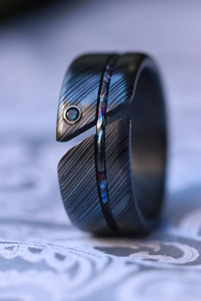 Hybrid - Niobium / Zirconium damascus - timascus aqua diamond ring, wedding band