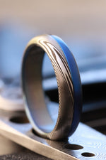 Blue Titanium &  Damascus steel ring-  stainless damasteel titanium ring, mens wedding band, mens rings 5.25mm , blue ring, wedding rings