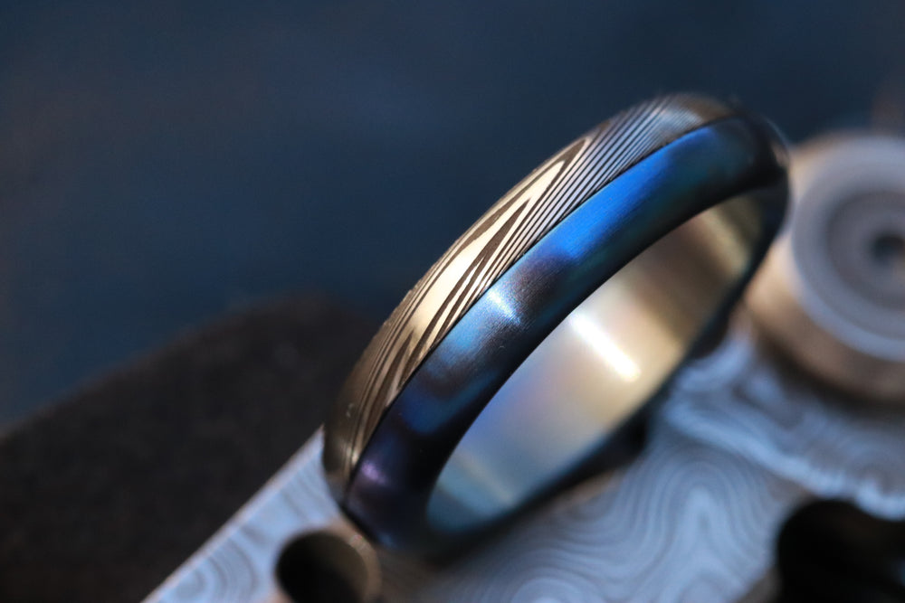 Blue Titanium &  Damascus steel ring-  stainless damasteel titanium ring, mens wedding band, mens rings 5.25mm , blue ring, wedding rings