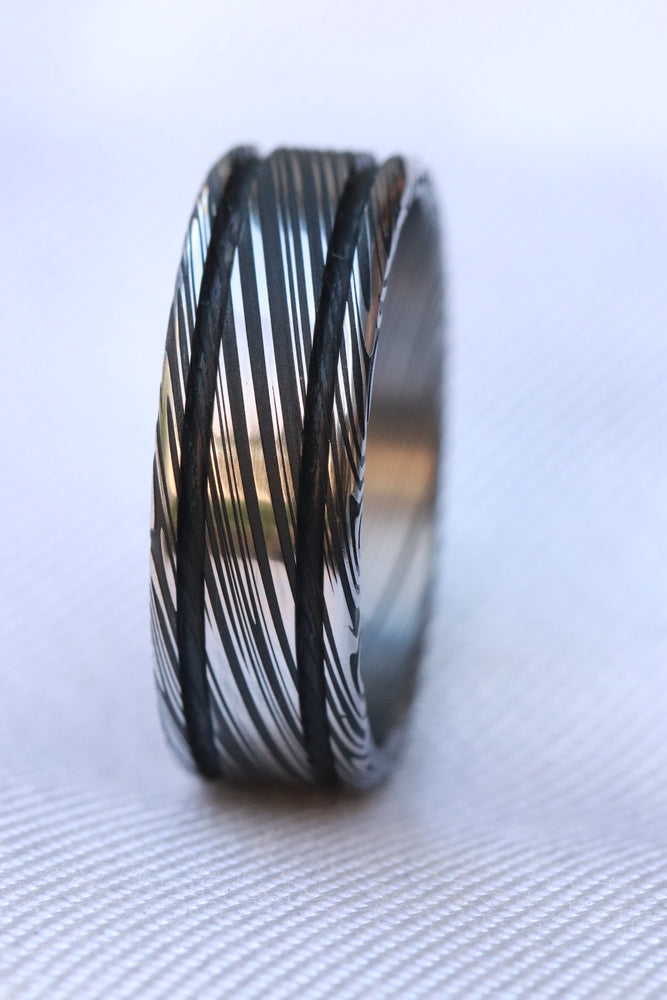 Damascus ring Stainless steel Damascus "leaf" Customizable ring! Dark/ color etch / double grooved damascus steel ring