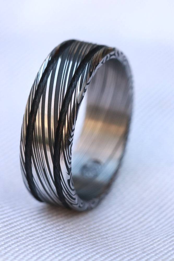 Damascus ring Stainless steel Damascus "leaf" Customizable ring! Dark/ color etch / double grooved damascus steel ring
