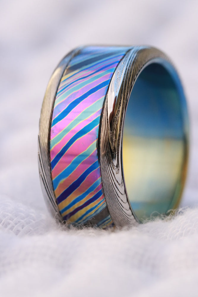 10mm or 8mm Black Timascus / Mokuti & Stainless Damascus (damasteel) zrti timascus ring,black timascus ring, mokuti ring zirconium titanium