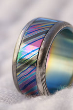 10mm or 8mm Black Timascus / Mokuti & Stainless Damascus (damasteel) zrti timascus ring,black timascus ring, mokuti ring zirconium titanium
