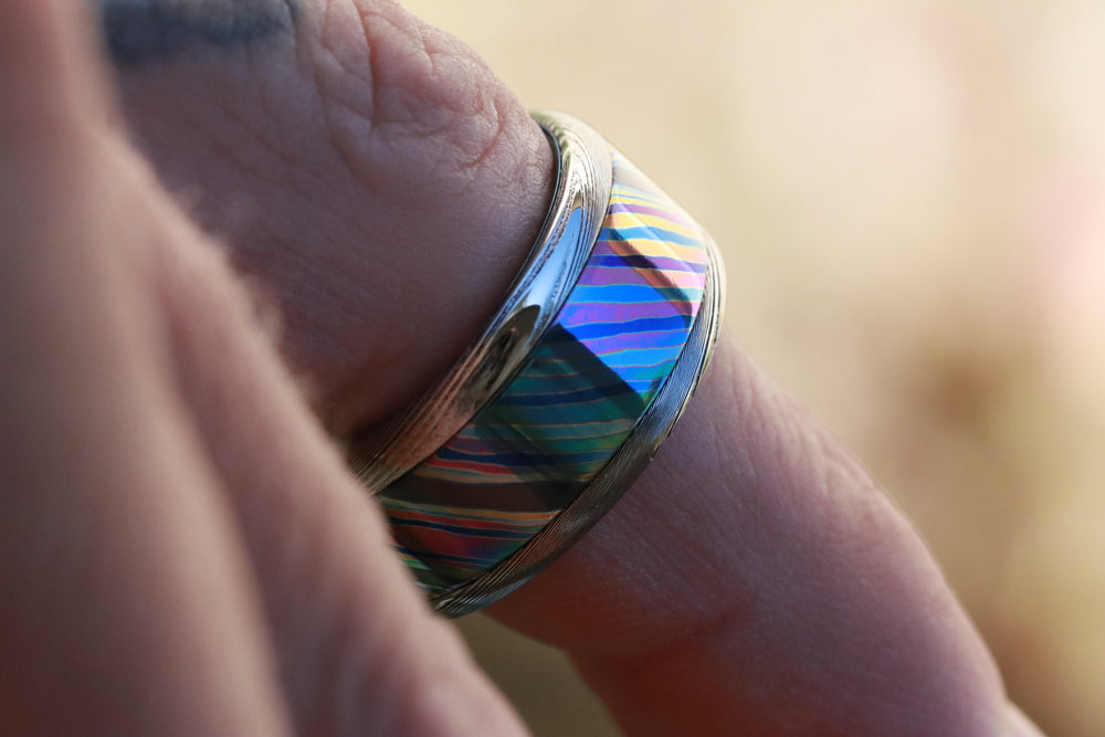 10mm or 8mm Black Timascus / Mokuti & Stainless Damascus (damasteel) zrti timascus ring,black timascus ring, mokuti ring zirconium titanium