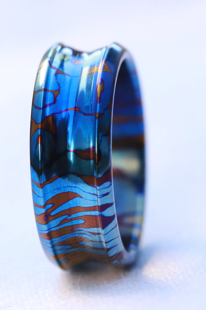 Timascus dragons breathe customizable 8mm ring chamfered edge Solid Titanium damascus ring 5mm-8mm wide timascus ring, mokuti ring (polished finish)