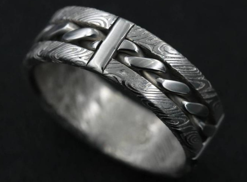 Hybrid "BREGDAN" handmade braided ring,  damasteel damascus curb chain ring celtic rings braided rings