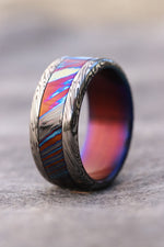 10mm Black Timascus / Mokuti & Stainless Damascus (damasteel) black timascus ring, mokuti ring, zirconium titanium damascus