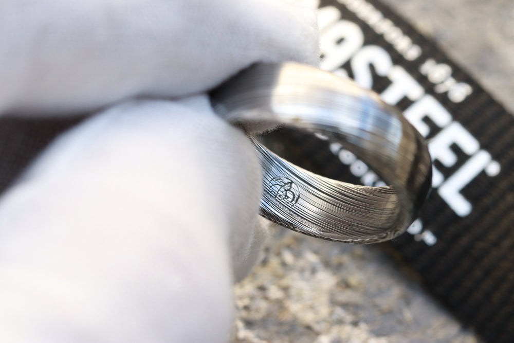Damascus ring Stainless Damascus "dark leaf" Customizable ring! Double polished etch. Damascus steel domed ring