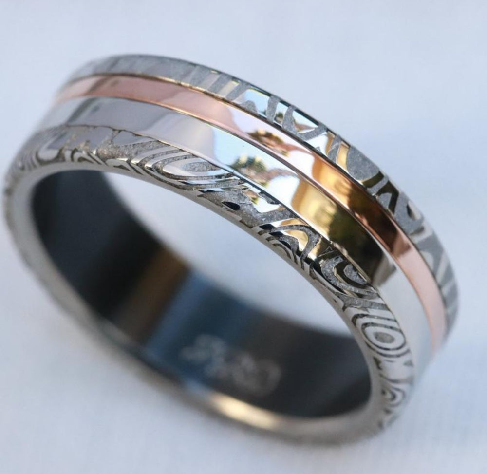 Platinum & 14k rose gold and damasteel stainless damascus Zirconium lined customizable ring mens wedding bands Gold rings