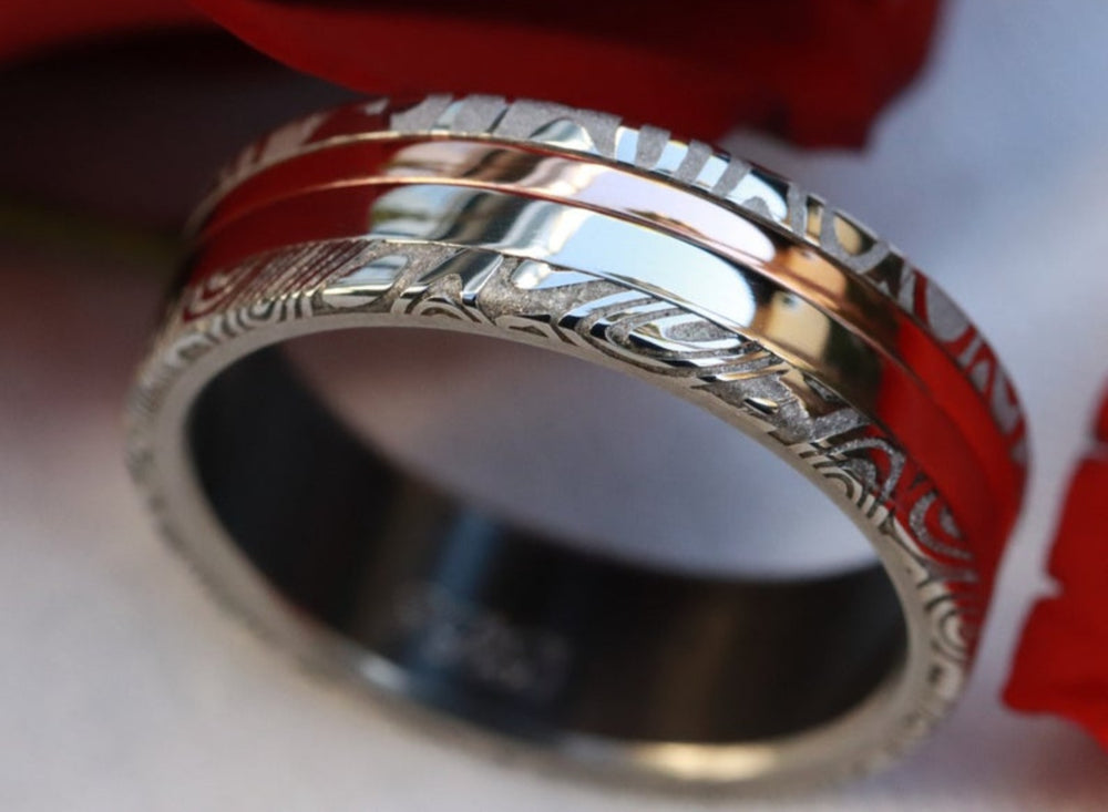 Platinum & 14k rose gold and damasteel stainless damascus Zirconium lined customizable ring mens wedding bands Gold rings