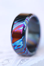 Chamfered edge Solid Black (tik) ZrTi ring 3mm-9mm wide timascus ring, mokuti ring (polished finish)