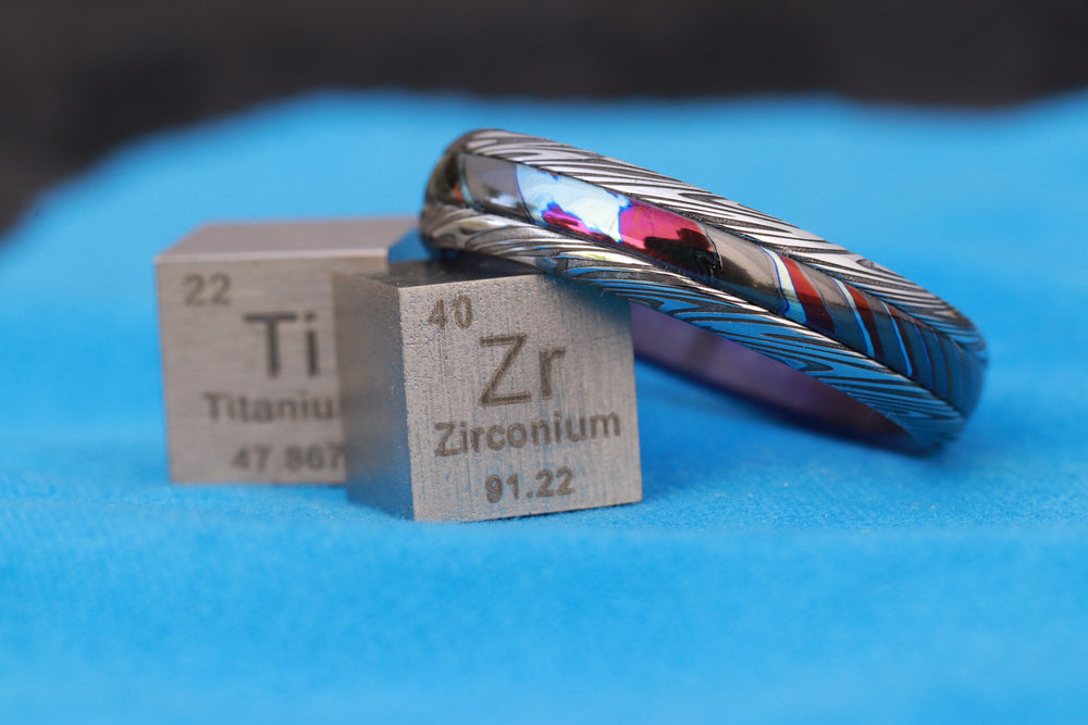 New*5.25mm "traditional" style Black Timascus ring Mokuti zrti ring Damascus ,  dark "leaf" zirconium titanium