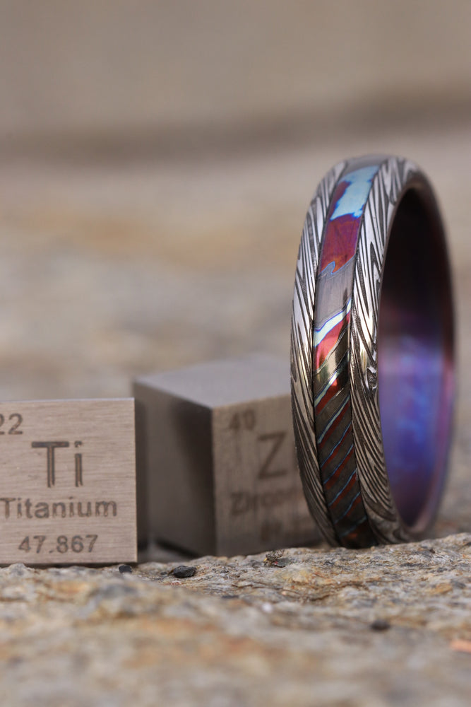 New*5.25mm "traditional" style Black Timascus ring Mokuti zrti ring Damascus ,  dark "leaf" zirconium titanium