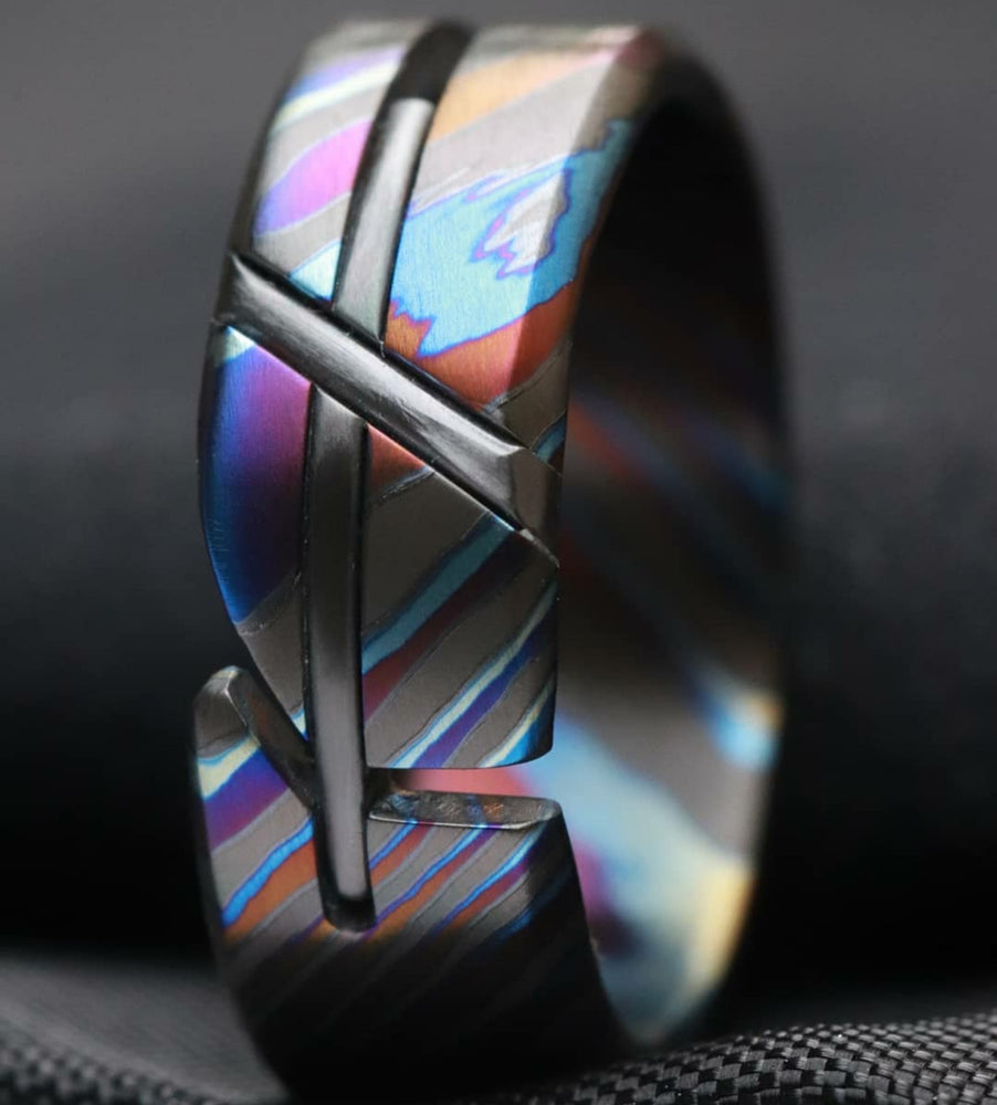 ZrTi-LOAM" hybrid handmade titanium zirconium damascus ring, cross ring , mens rings, zirconium titanium