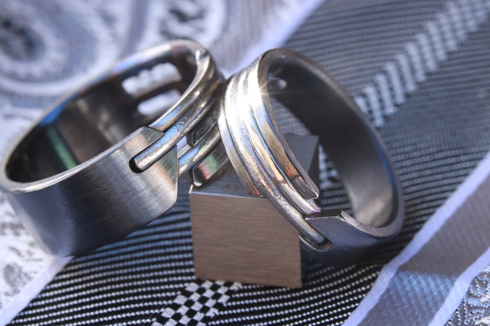 Ring set - QUILL handmade two black titanium rings with titanium inlays hybrid set