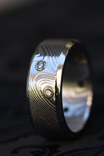 *new Wave pattern smooth edges - damasteel ring 8mm wide / 4 diamonds 14k gold customizable damascus steel gold