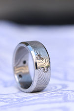 *new Wave pattern smooth edges - damasteel ring 8mm wide / 4 diamonds 14k gold customizable damascus steel gold