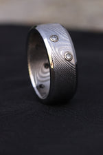 *new Wave pattern smooth edges - damasteel ring 8mm wide / 4 diamonds 14k gold customizable damascus steel gold