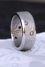 *new Wave pattern smooth edges - damasteel ring 8mm wide / 4 diamonds 14k gold customizable damascus steel gold