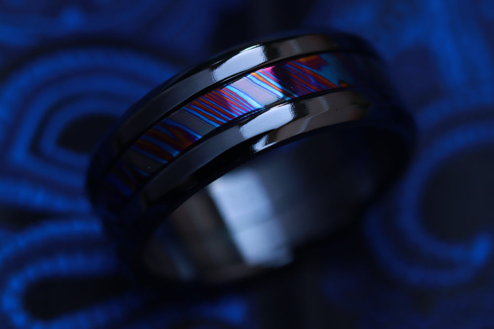 8mm Grayson BLK" Limited Edition Series titanium damascus Timascus / Mokuti timascus & black titanium ring, black timascus ring, mokuti ring.