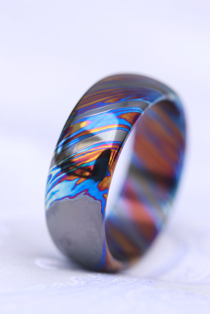 8mm domed ZrTi ring 3mm-9mm wide timascus ring, mokuti ring (polished finish)