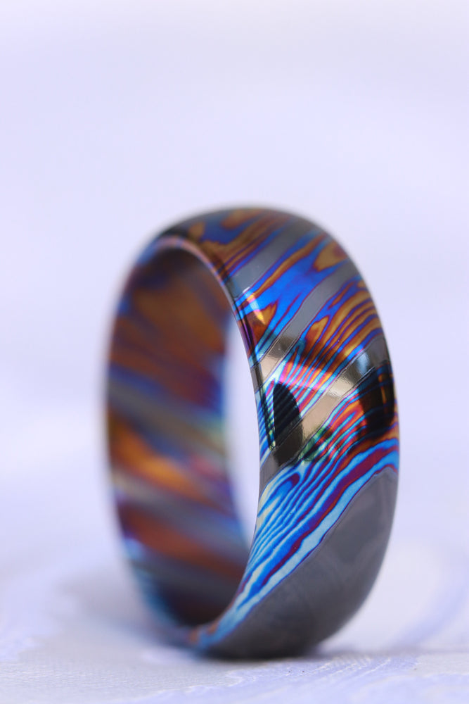 8mm domed ZrTi ring 3mm-9mm wide timascus ring, mokuti ring (polished finish)