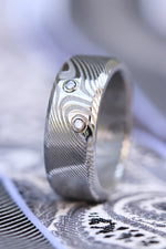 *new Wave pattern - damasteel ring 8mm wide / 4 diamonds 14k gold customizable damascus damasteel