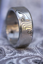 *new Wave pattern - damasteel ring 8mm wide / 4 diamonds 14k gold customizable damascus damasteel