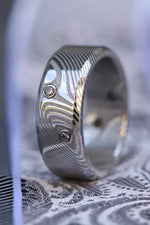 *new Wave pattern - damasteel ring 8mm wide / 4 diamonds 14k gold customizable damascus damasteel