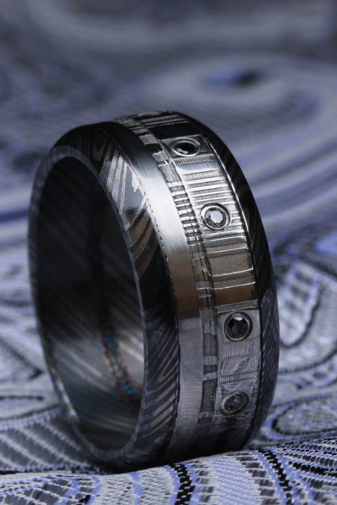 Black diamonds and black ring zrti & damasteel ring 9mm wide customizable niobium zirconium