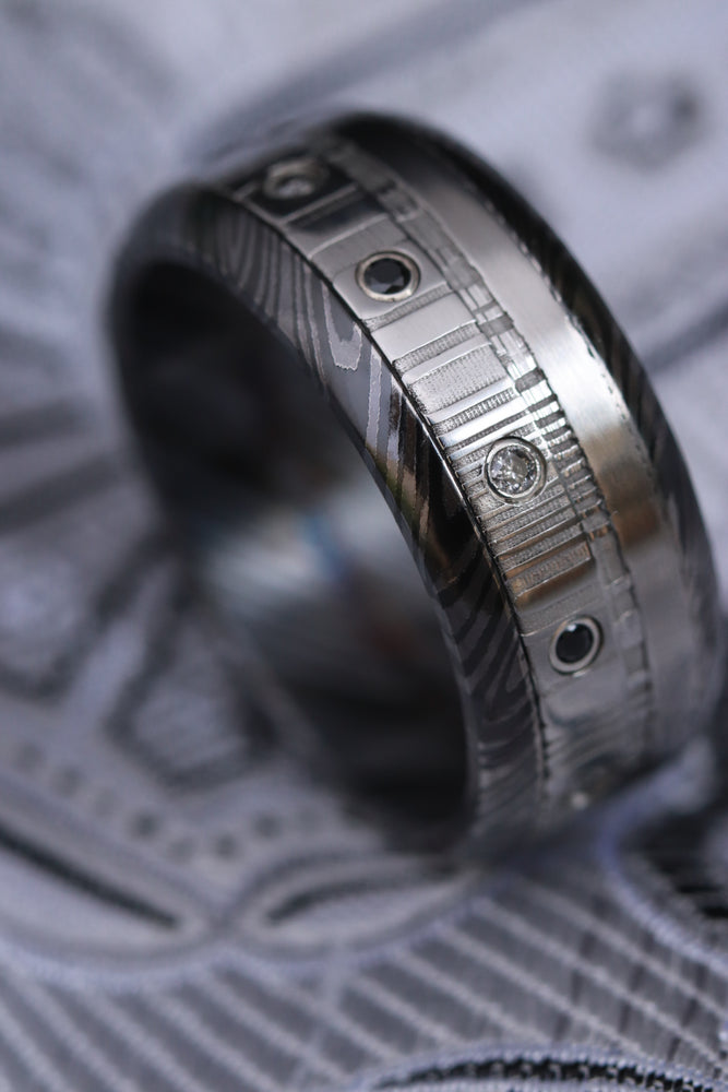Black diamonds and black ring zrti & damasteel ring 9mm wide customizable niobium zirconium